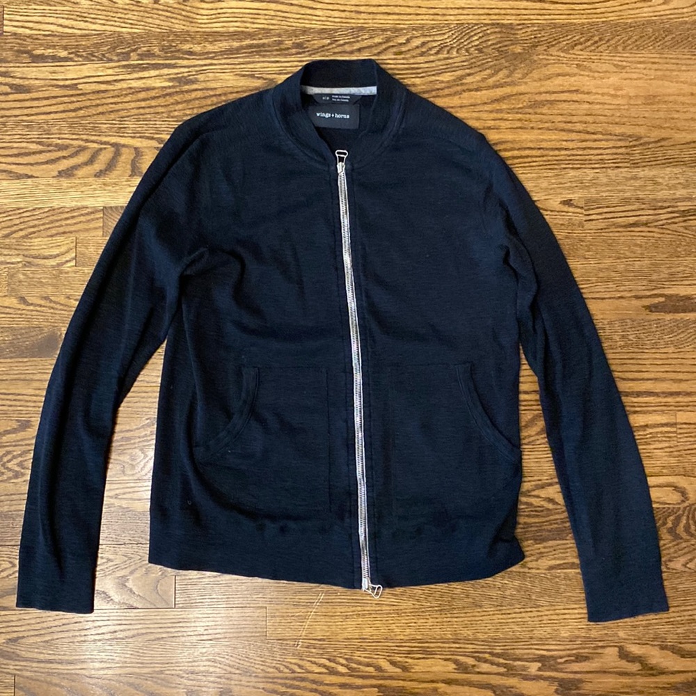 Wings + Horns Black Slub Zip-Up Bomber Men’s Small